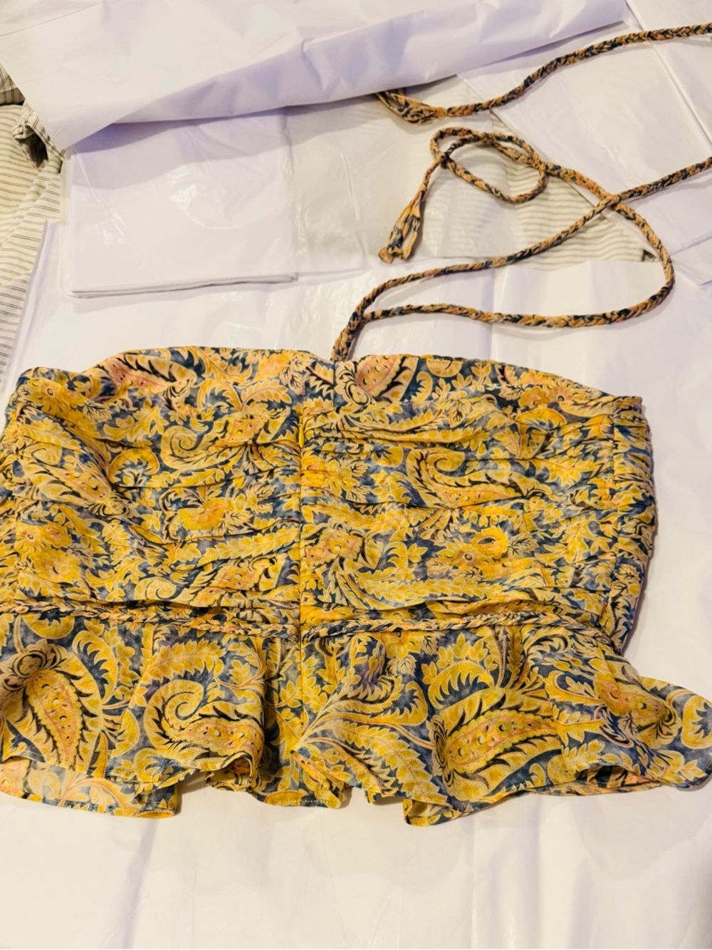 Veronica Beard Yellow and Navy Floral Strapless Peplum Top